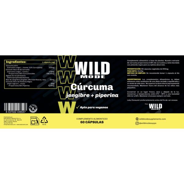 WILD MODE SUPPLEMENTS Cúrcuma con jengibre y pimienta negra, Fórmula tripe de 60 cápsulas