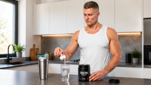 Hombre deportista preparando una dosis de creatina con aminoácidos en una cocina antes de entrenar